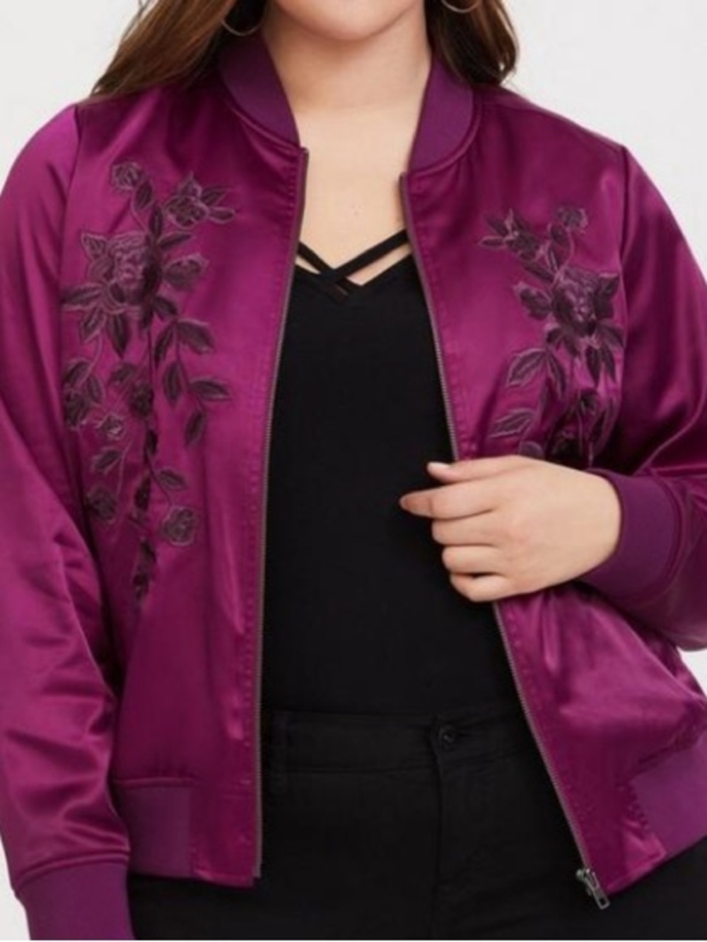 torrid Fuchsia Satin Bomber Jacket with Embroidered Floral Detail